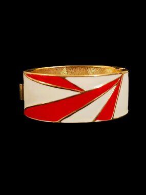 Vintage Monet 1980s Chunky Wide Art Deco Red Cream Enamel Hinged Bangle Bracelet